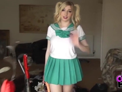 UhPorn presents: Costume babe in a miniskirt fucks a toy outdoors