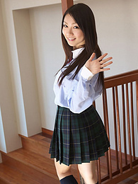 UhPorn presents: Asian schoolgirl Tomoyo Hoshino strips to stockings and poses outdoors