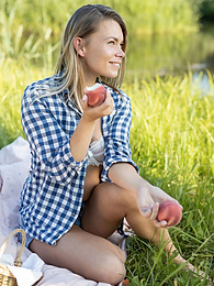UhPorn presents: Skinny blonde Paulina gets naked on a blanket in a field of wheat